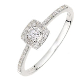 0.22ct Round Diamond Prong Set Square Halo Engagement Ring with Side Stones in UK Hallmarked 9ct White Gold